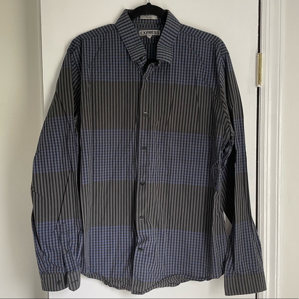 Express Fitted Check Striped Blue Gray and Black Casual Button Down Shirt